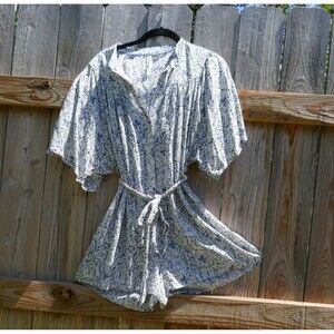 Anthropologie Breezy Lounge Romper Shorts Blue Floral Short Sleeve Small Modal